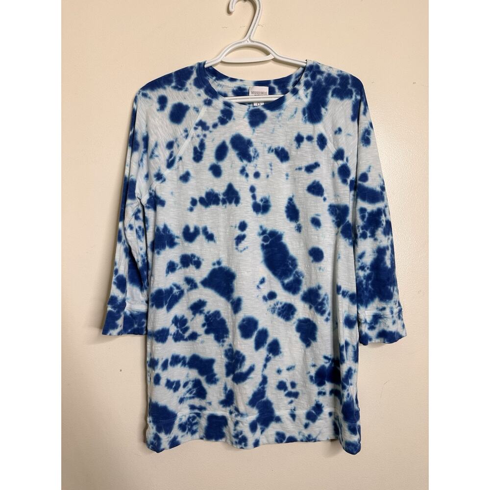 Weekends By Chicos Size 0 US 6 Blue Tie Dye Tunic Top Slub Knit 3/4 Sleeve